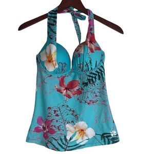 Hapari Womens SPF 50+ Halter Floral Backless Tankini Tank Top Multicolor Medium